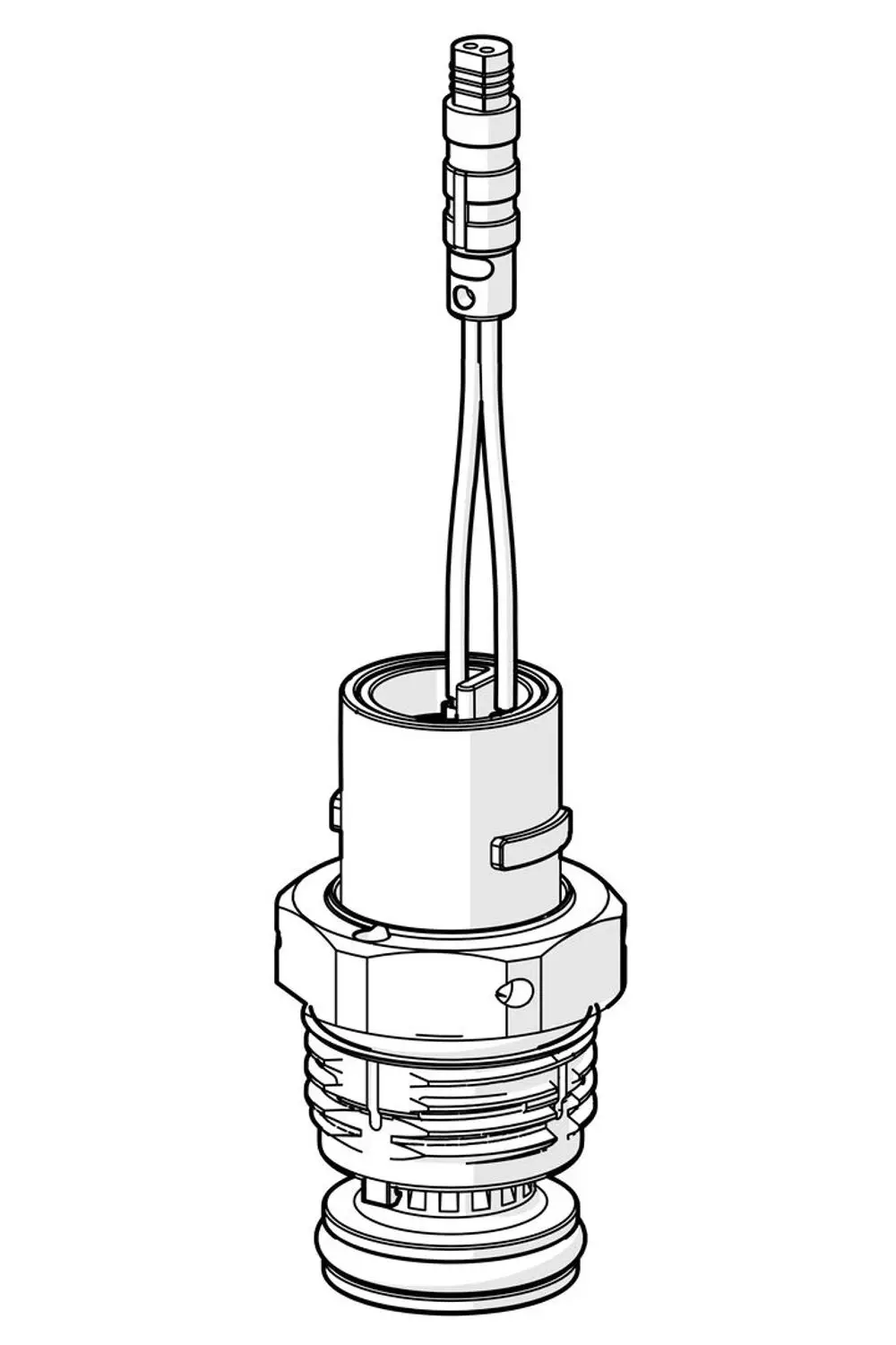 Magnetventil von HANSA, bestehend aus einem zylindrischen Gehäuse mit Anschlussleitungen und einer gesicherten Unterseite für Fluidsteuerung.